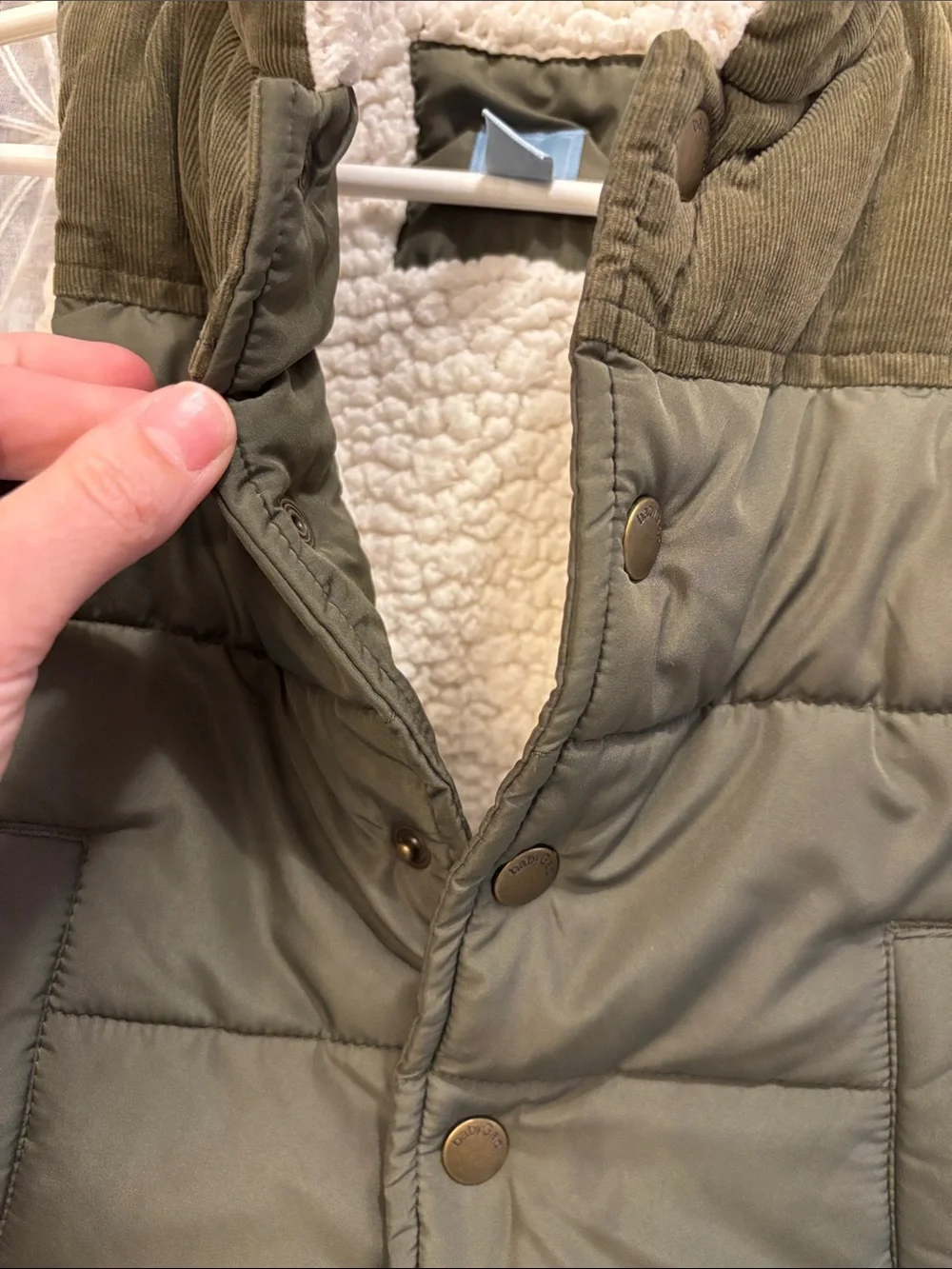 GAP Kids Olive Green Quilted Vest with Sherpa Collar